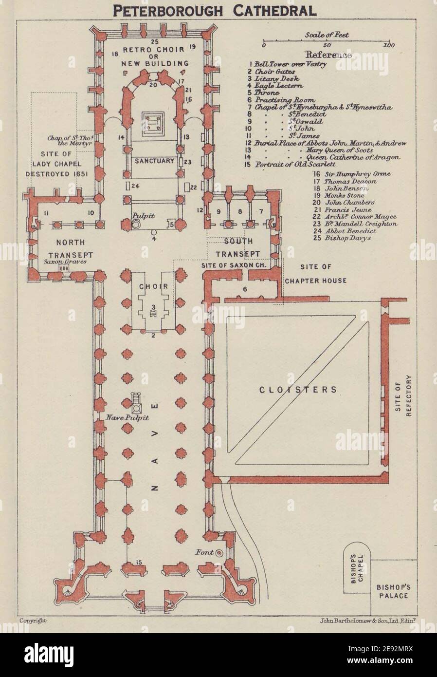 Piano terra della Cattedrale di Peterborough. Northamptonshire 1920 vecchia mappa Foto Stock