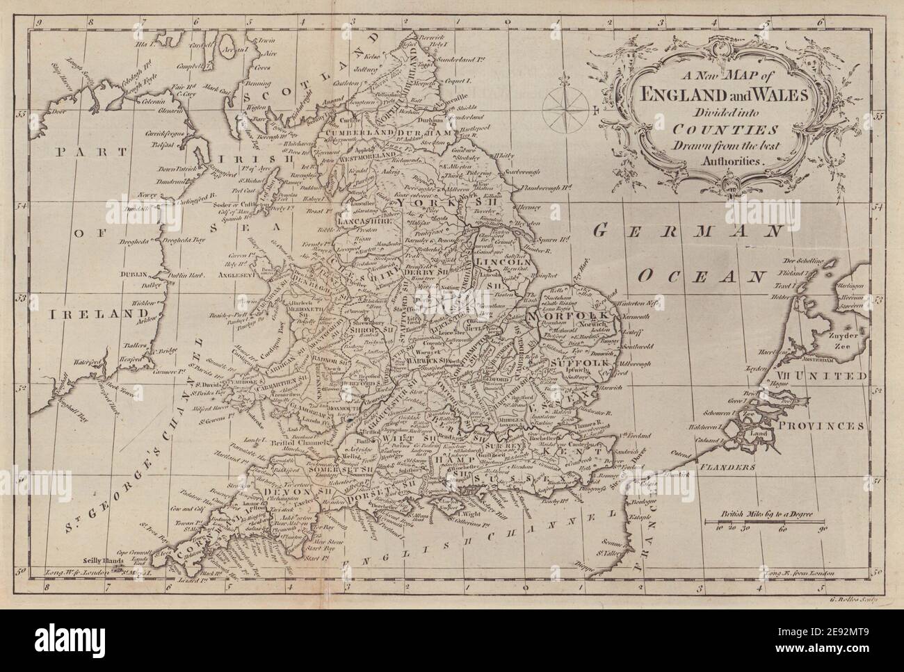Una nuova mappa di Inghilterra e Galles divisa in contee… ROLOS 1766 vecchio Foto Stock