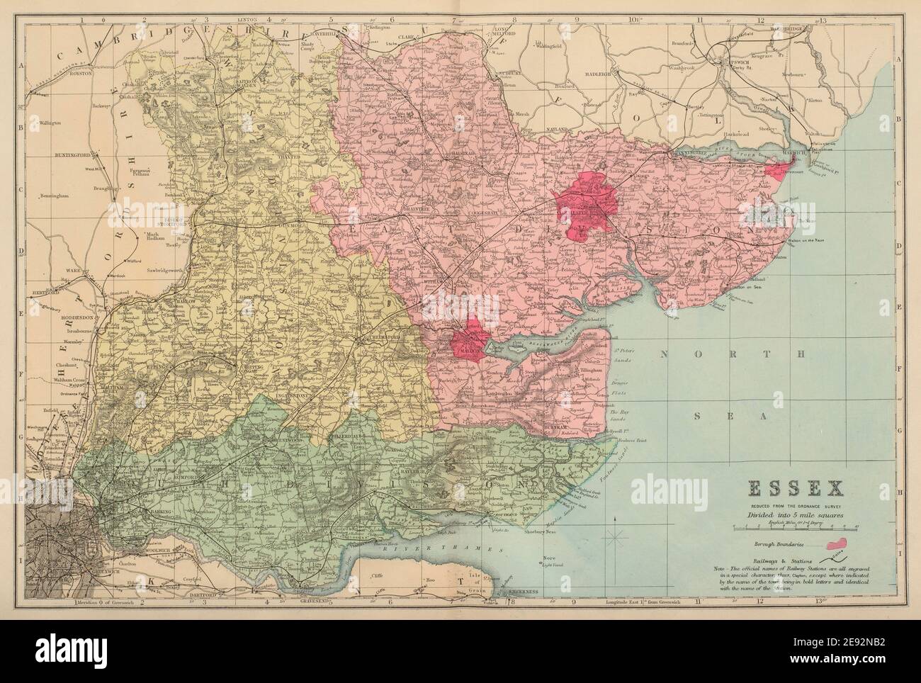 ESSEX antica mappa della contea di GW BACON 1883 vecchia annata piano grafico Foto Stock