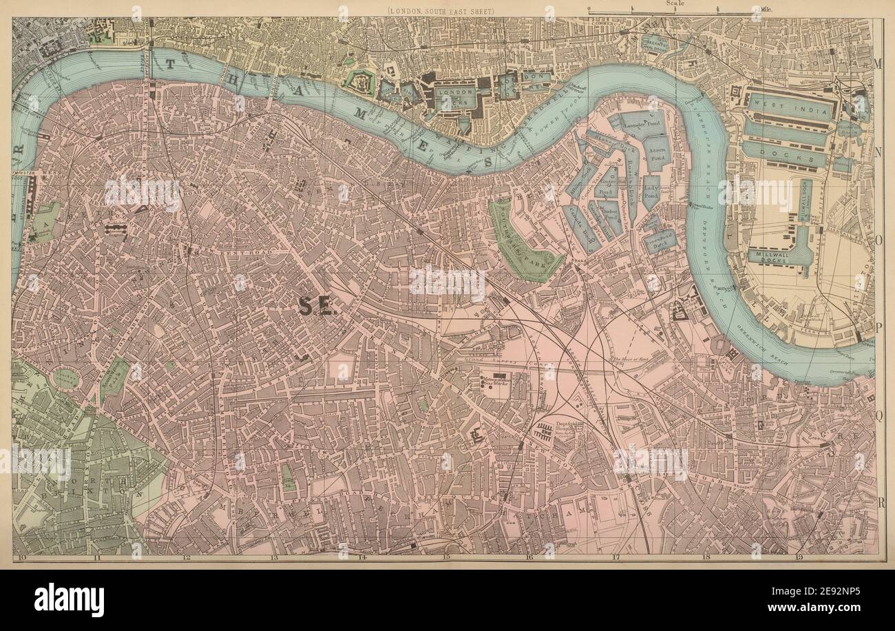 LONDON South East Docks Southwark Lambeth Lewisham piano della città MAPPA DI BACON 1883 Foto Stock