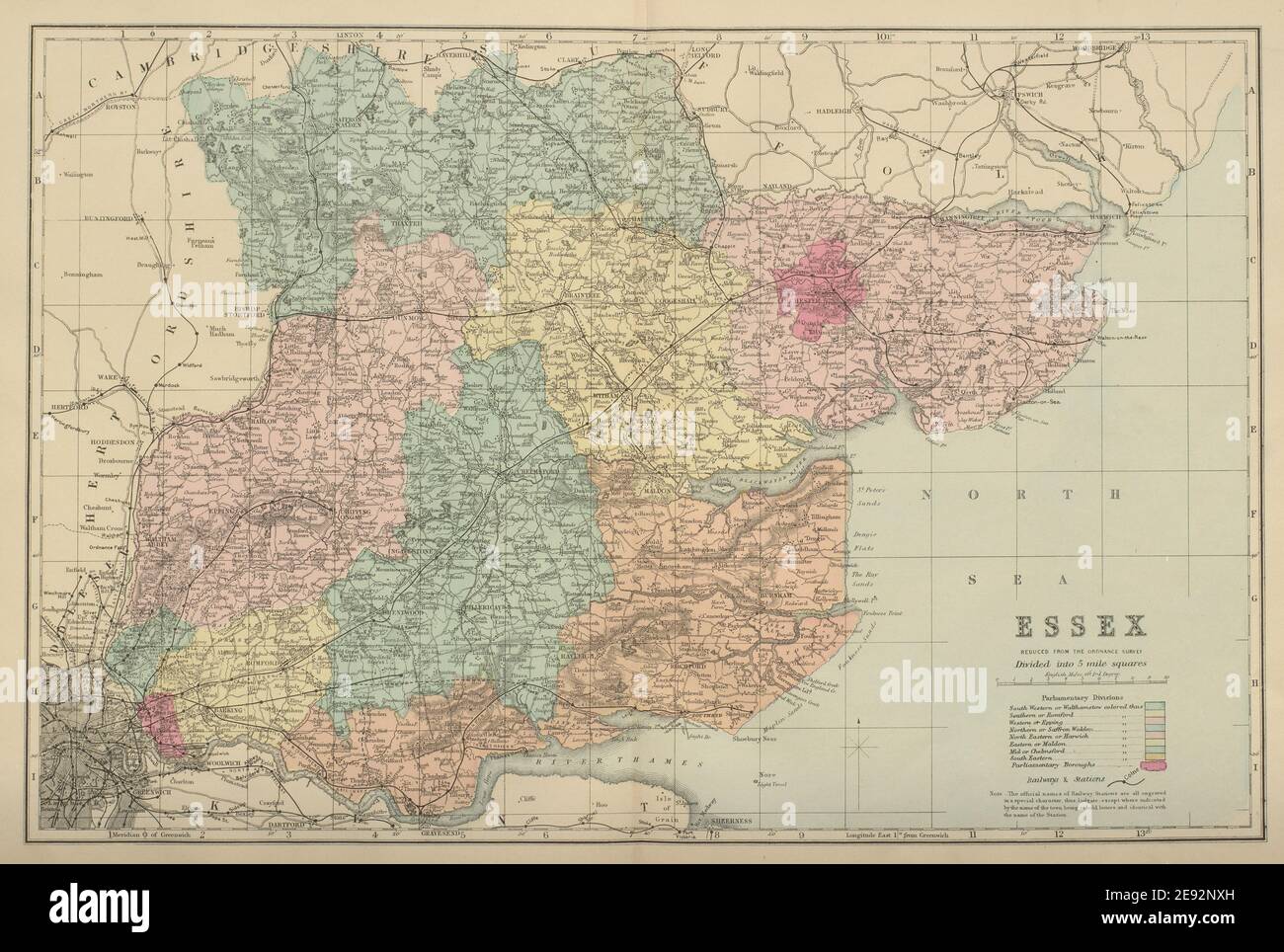 ESSEX antica mappa della contea di GW BACON 1885 vecchia annata piano grafico Foto Stock