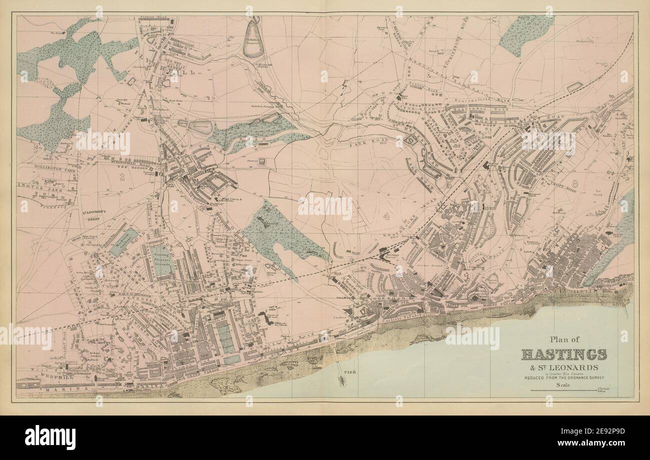 HASTINGS St Leonards Silverhill Blacklands città piano GW BACON 1885 mappa Foto Stock