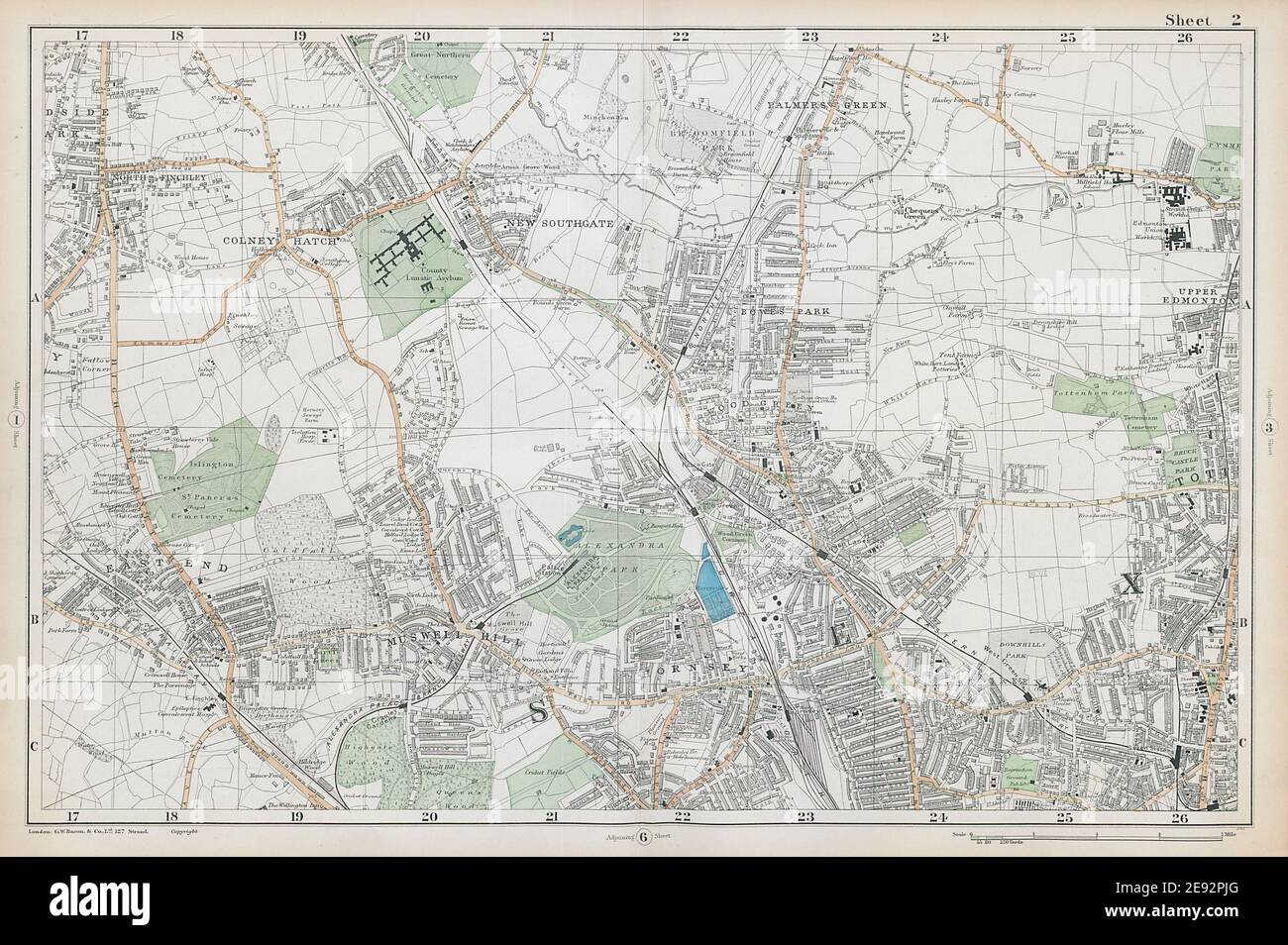 FRIERN BARNETT/HORNSEY Palmers/Wood Green Southgate Muswell Hill. MAPPA DI BACON 1906 Foto Stock