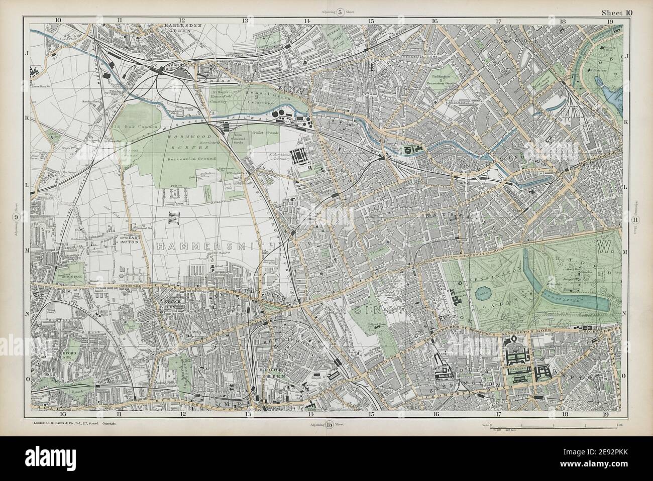 LONDON Notting Hill Kensington White City Hammersmith Bayswater BACON 1906 mappa Foto Stock