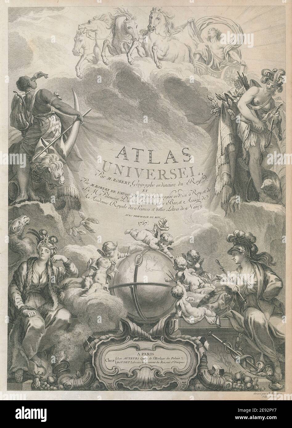 "Atlas Universel par M. Robert, Geographe ordinaire". Pagina del titolo decorativo 1757 Foto Stock