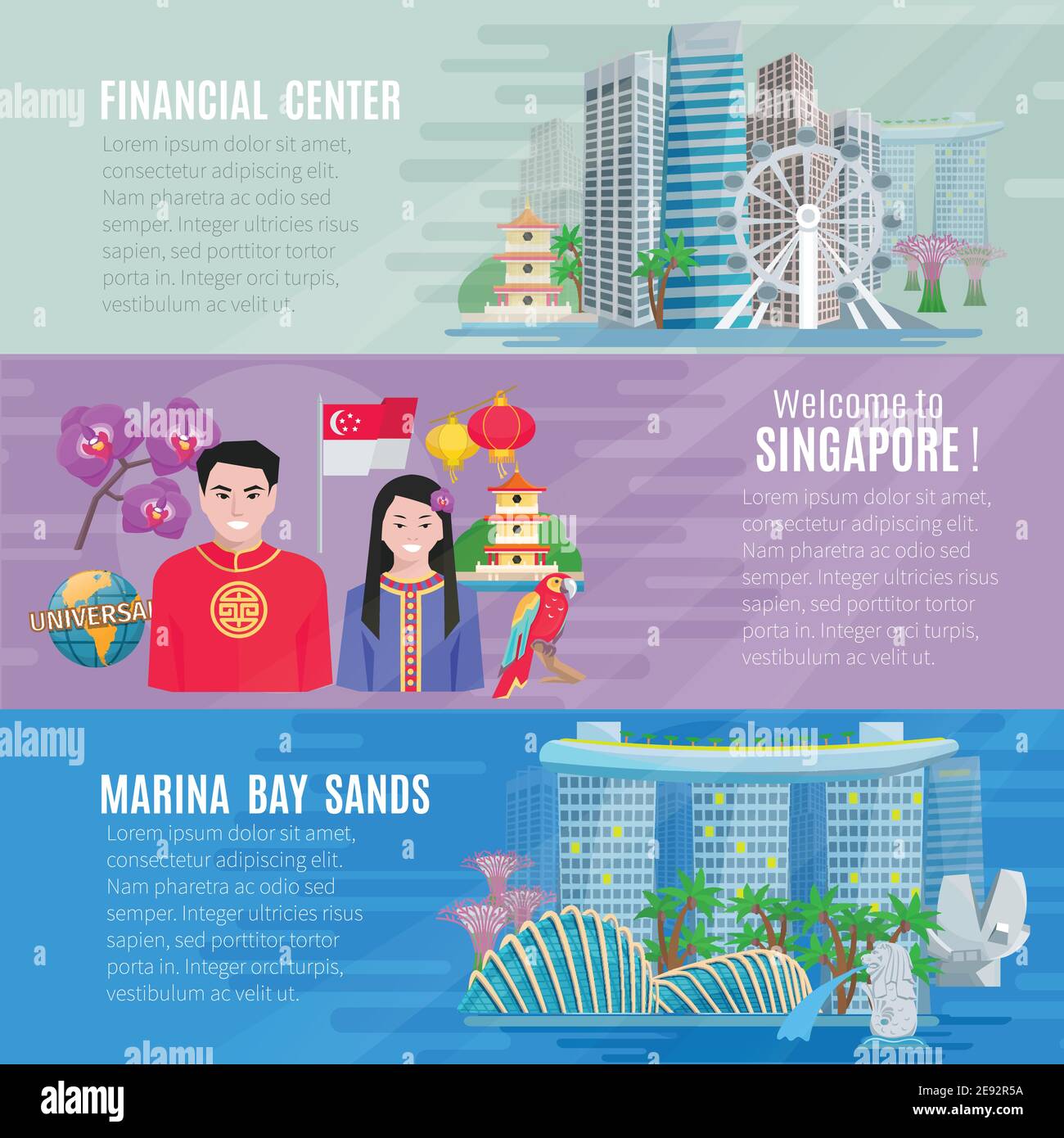 Cultura di Singapore per i viaggiatori 3 striscioni orizzontali piatti con illustrazione isolata del vettore astratto del centro finanziario di affari Illustrazione Vettoriale