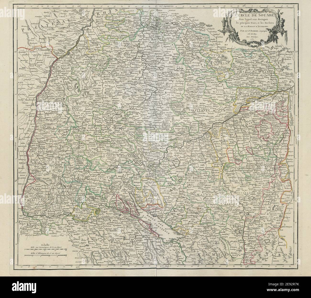 "Cercle de Souabe". Swabia. Baden-Württemberg. Germania sud-ovest. Mappa di VAUGONDY 1751 Foto Stock