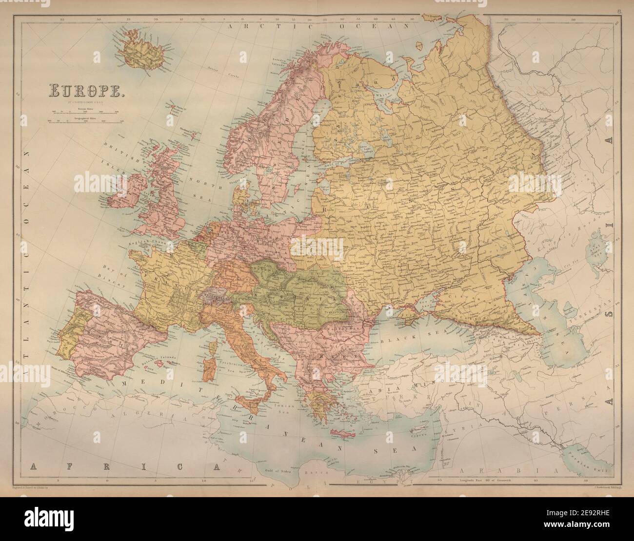 Europa. Austria Prussia Ottomano imperi russi BARTOLOMEO 1870 vecchia mappa Foto Stock