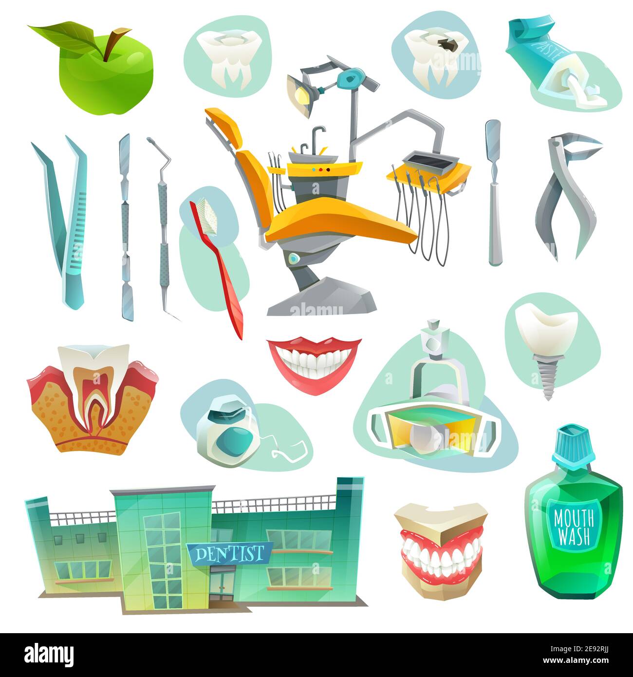 Icone decorative per l'ufficio odontoiatrico con oggetti per strumenti medici sul posto di lavoro per la salute dei denti isolato illustrazione vettoriale Illustrazione Vettoriale