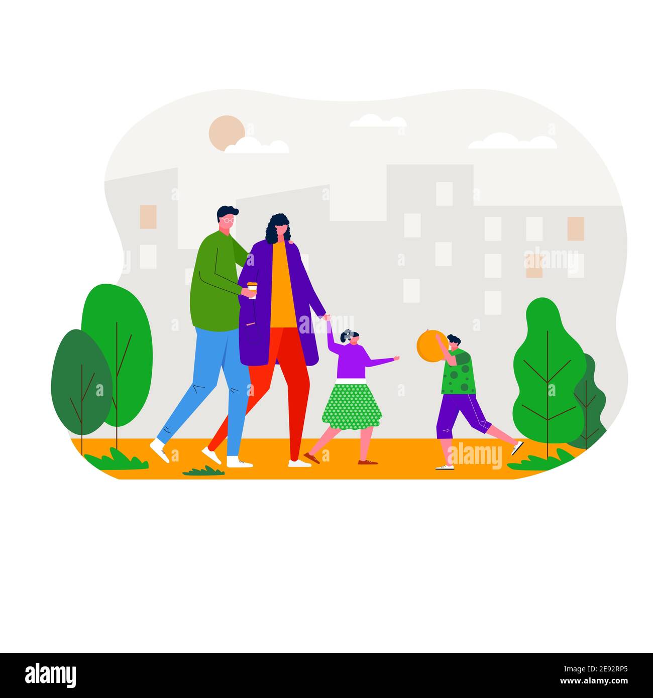 Persone che camminano nel parco, praticando sport, rilassandosi, connettendosi, seduti su panchina, giocando con il cane. Attività ricreative e all'aperto, picnic in famiglia, Illustrazione Vettoriale