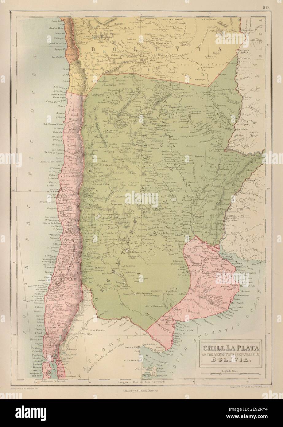 Cile Argentina Bolivia con Litoral Cile Argentina BARTOLOMEO 1870 mappa Foto Stock