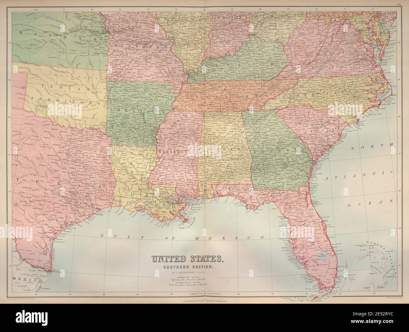 Stati Uniti meridionali. Costa del Golfo degli Stati Uniti. Territorio Indiano. BARTOLOMEO 1870 mappa Foto Stock