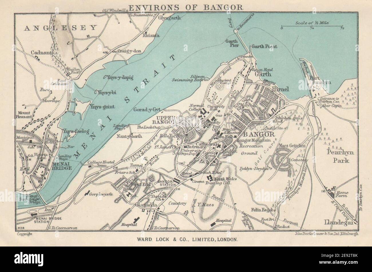 BANGOR città turistica vintage piano città. Ponte Menai. Galles. Mappa DEL BLOCCO DI REPARTO 1951 Foto Stock