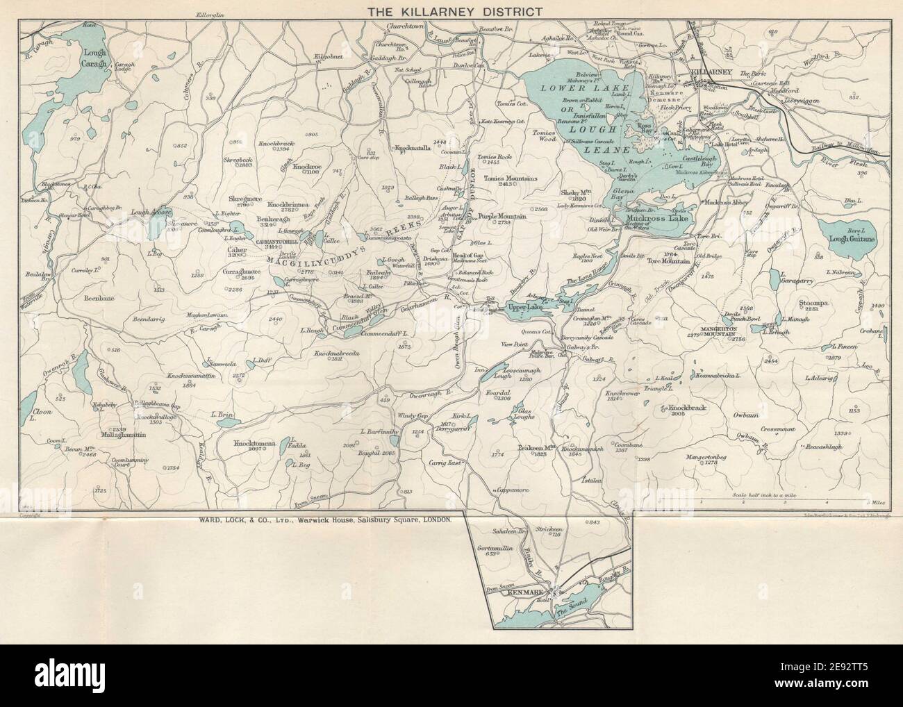 LAGHI E distretto DI KILLARNEY. Fiume Macgillycuddy. Irlanda. Mappa DEL BLOCCO DI REPARTO 1936 Foto Stock