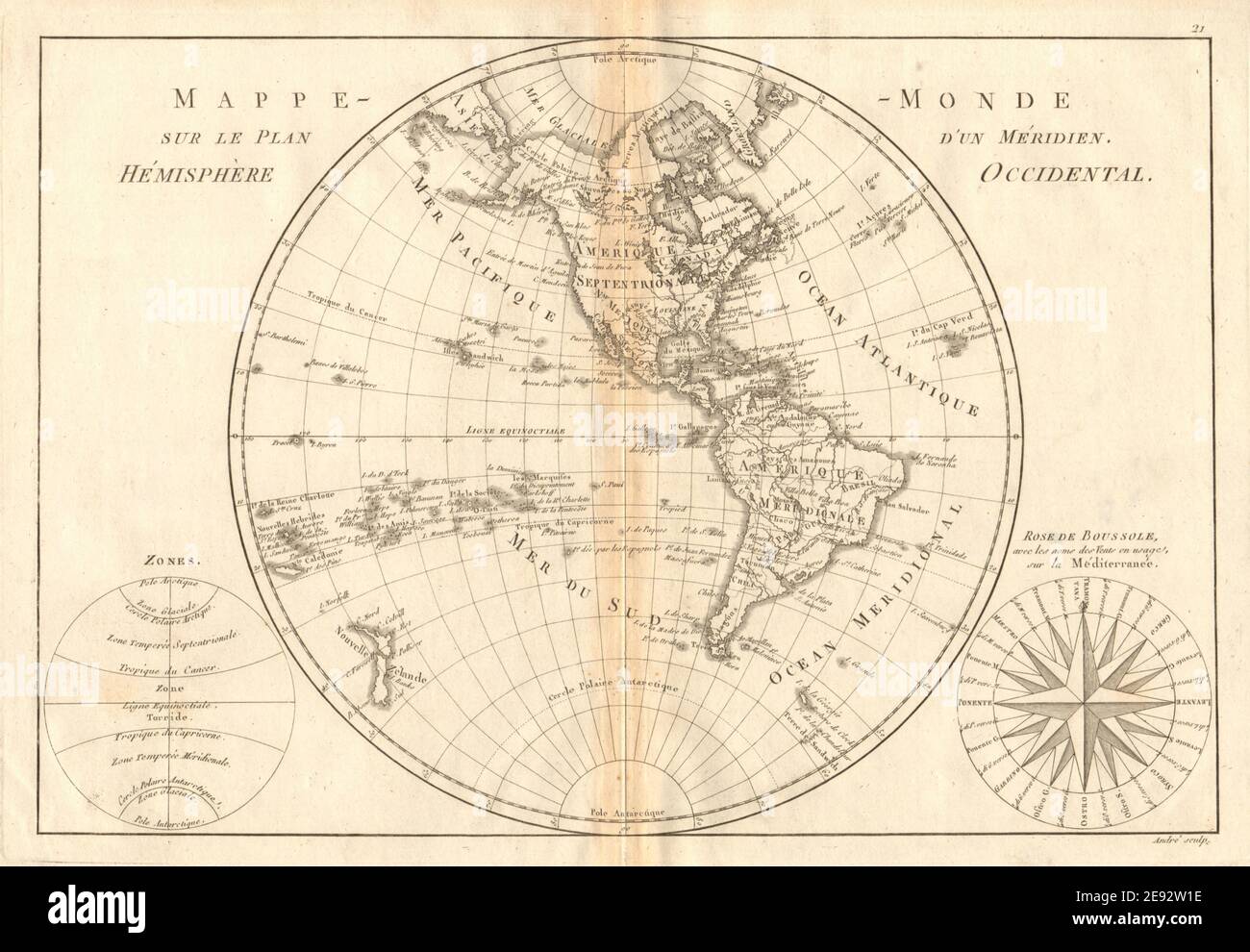 Acipe-monde sur le plan d’un Méridien, emisfero occidentale. BONNE 1787 Foto Stock