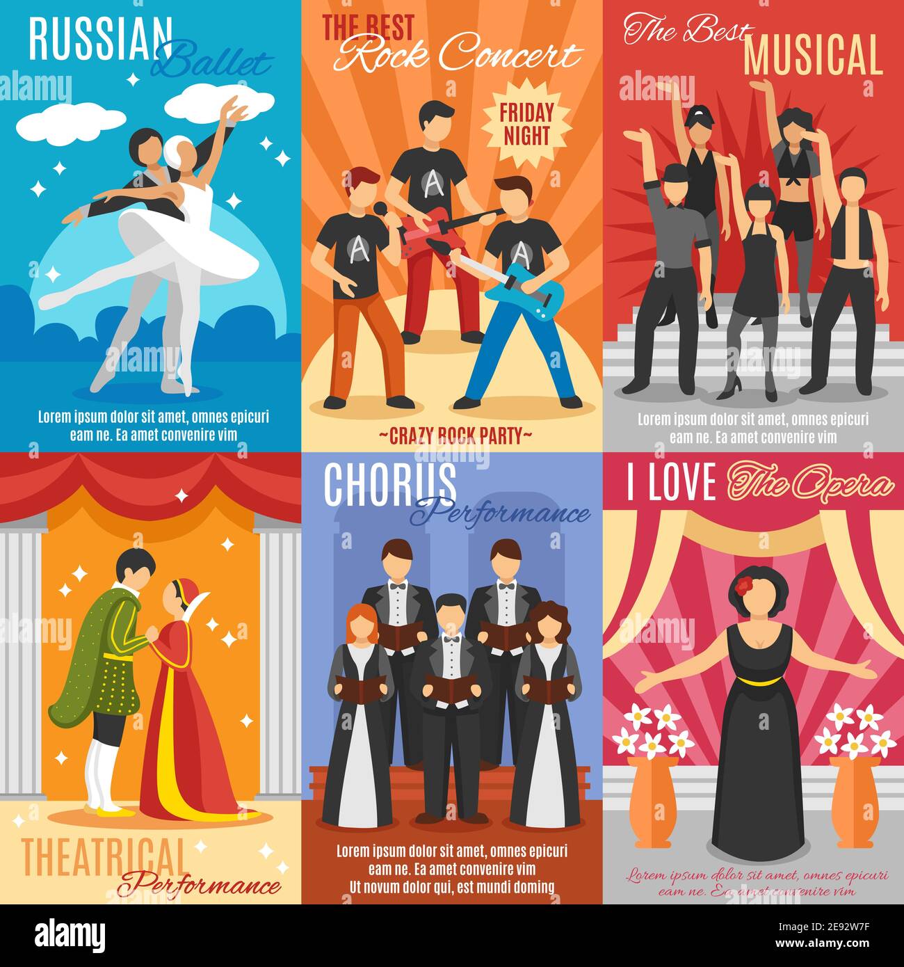 Poster teatrali piatti Set di balletto russo rock e corale spettacolo teatrale e operistico di concerto illustrazione vettoriale Illustrazione Vettoriale