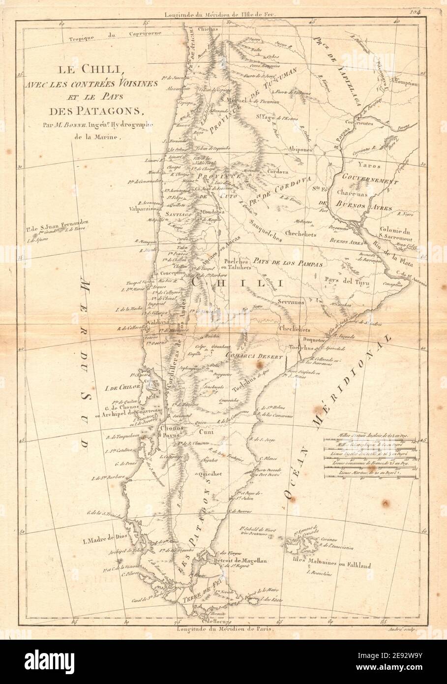 Le Chili… Et les Pays des Patagons. Cile Argentina Patagonia. BONNE 1788 mappa Foto Stock