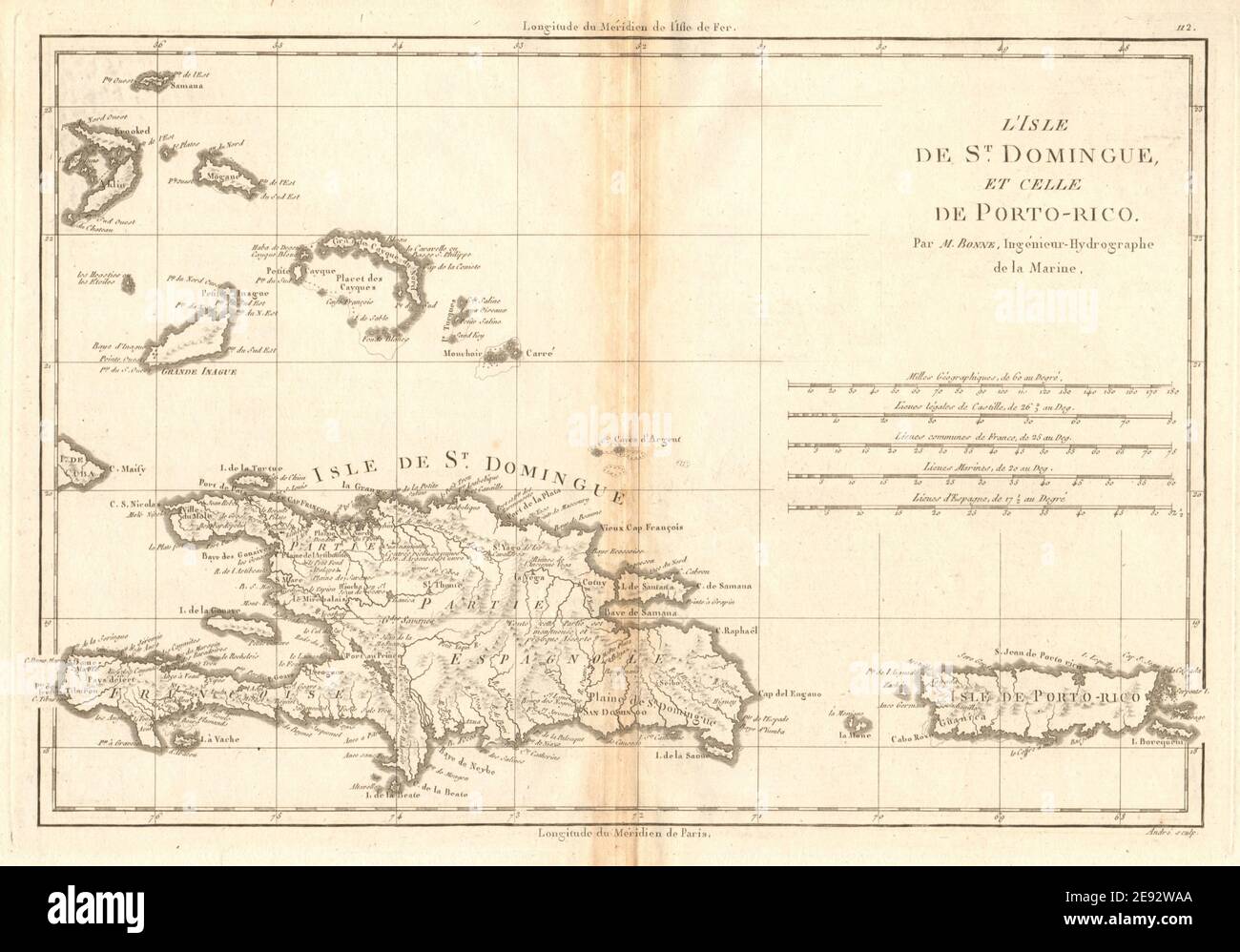 L’Isle de St Domingue et… Porto-Rico. Hispaniola e Porto Rico. BONNE 1788 mappa Foto Stock