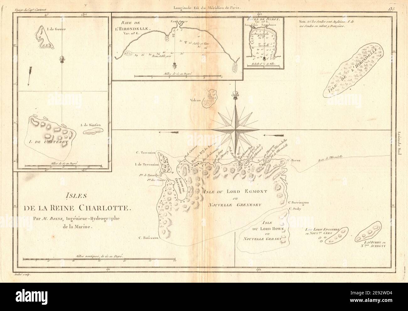 Isles de la Reine Charlotte. Nendo, Santa Cruz, Isole Salomone. BONNE 1788 mappa Foto Stock