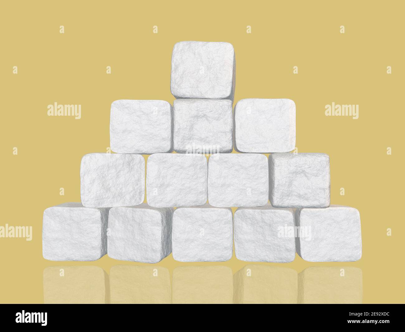 mucchio di cubetti di zucchero su sfondo giallo, rendering 3d Foto Stock