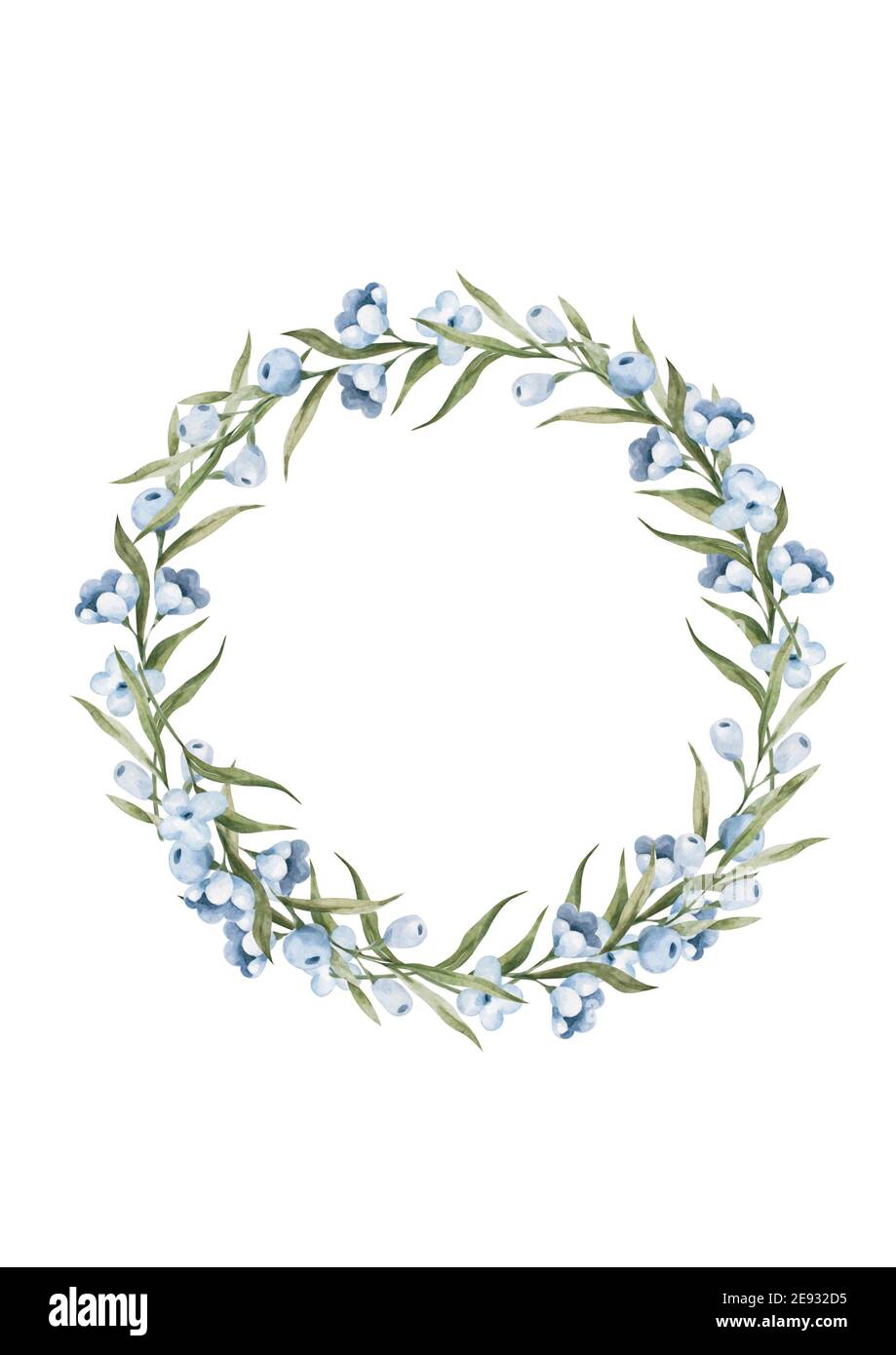 Cornice circolare floreale acquerello con fiori selvatici, dima disegnata a mano. Foglie verdi con l'illustrazione dei fiori blu Foto Stock
