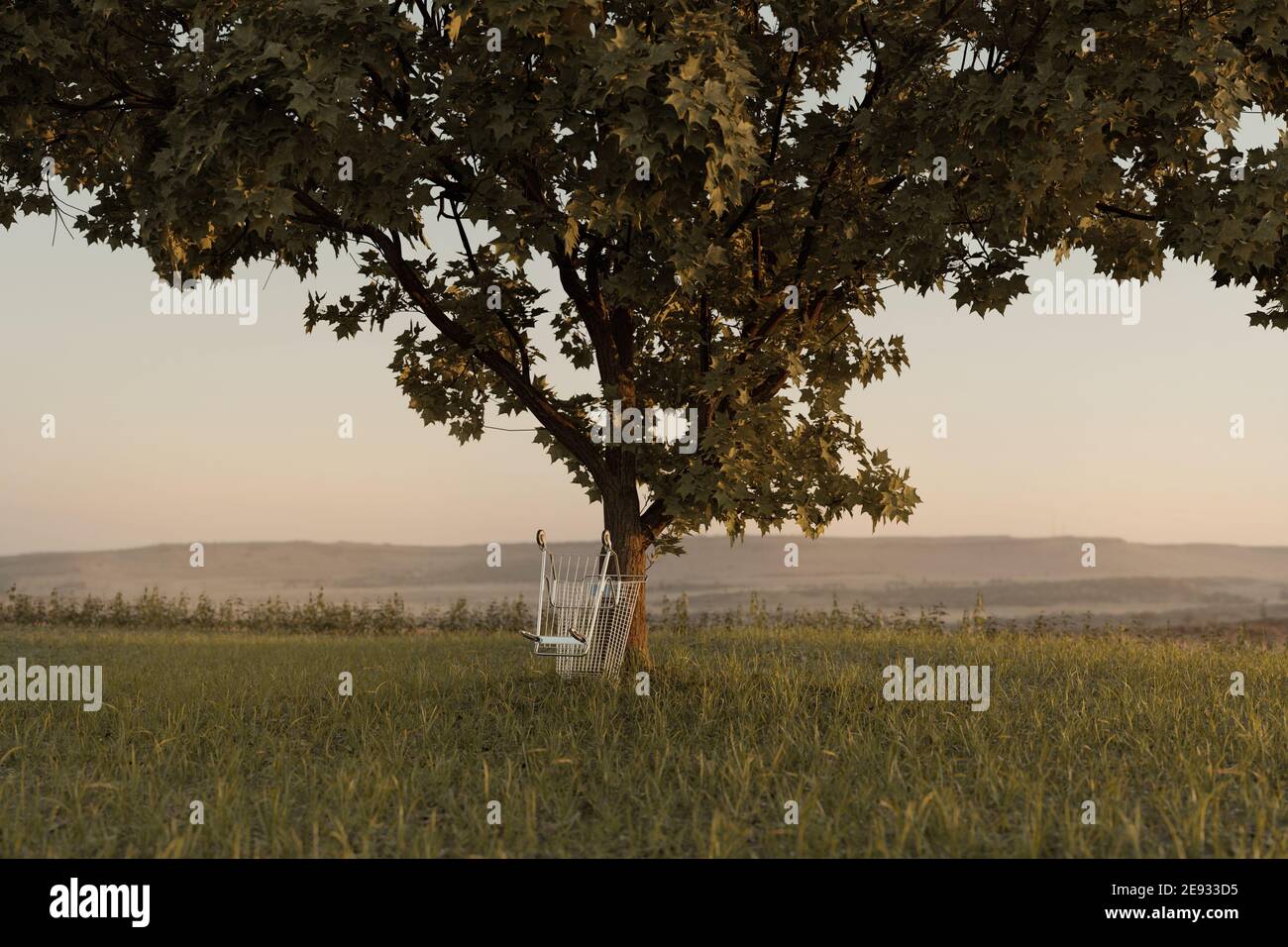 rendering 3d del trolley rovesciato che pende su un albero di acero nel prato Foto Stock