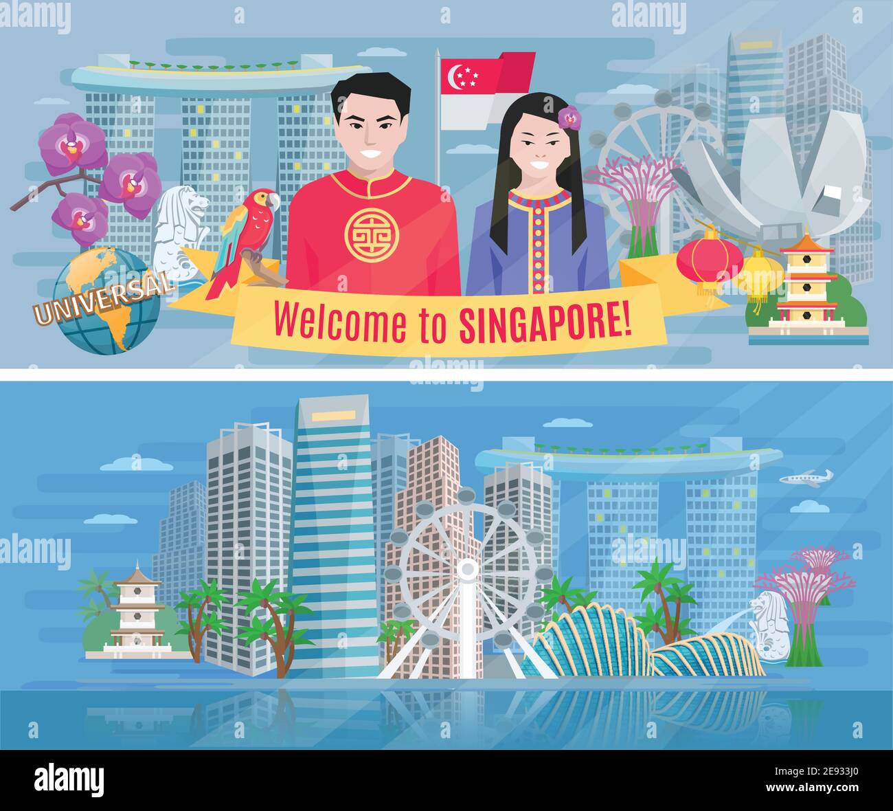 Benvenuti a singapore 2 banner flat poster con Marina Bay e business district illustrazione isolata vettore astratto Illustrazione Vettoriale