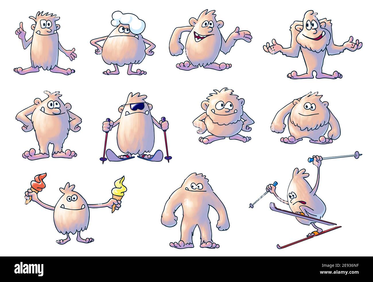 Yeti - insieme di illustrazioni, illustrazione cartoon isolato su sfondo bianco Foto Stock