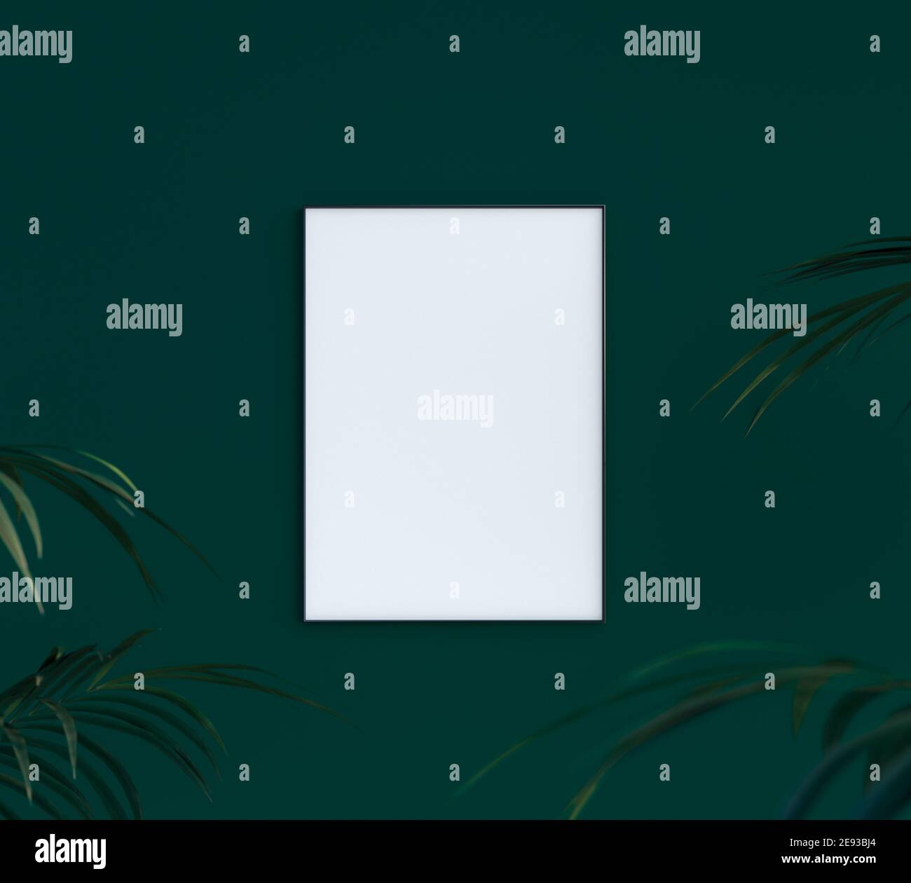 Camera verde con grande cornice bianca e. rendering 3D della decorazione a foglia di palmo Foto Stock