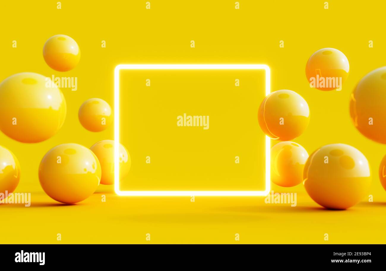 Astratto sfondo estivo con chiaro mock up quadrato nel Palline mediocre e gialle che volano intorno al rendering 3D Foto Stock