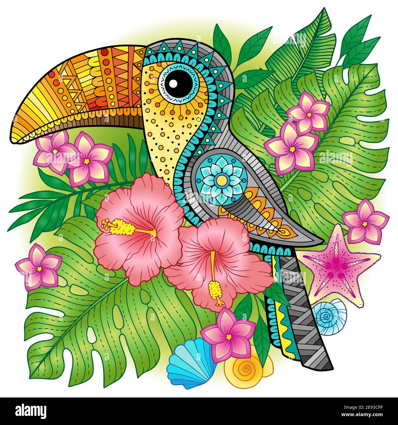 Un luminoso toucan decorativo tra piante esotiche e fiori. Immagine vettoriale per la stampa su abiti, tessuti, poster, inviti Illustrazione Vettoriale