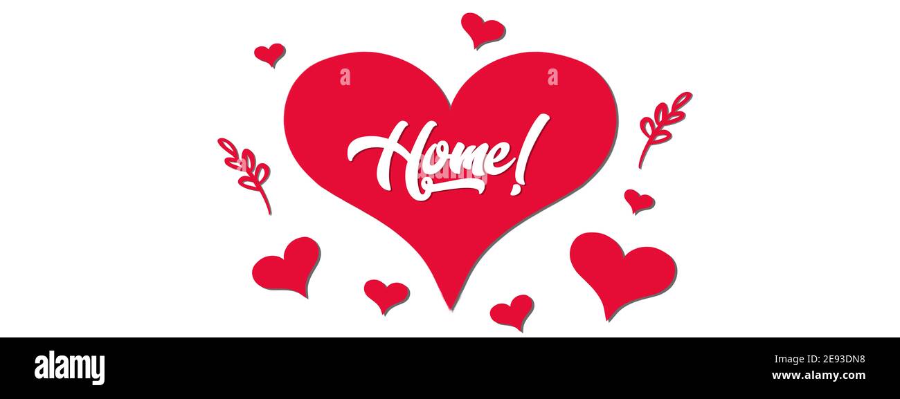 Rimani a casa illustrazione doodle con cuore rosso e tipografia, banner o poster per i tempi pandemici, motivazionale cura della famiglia Foto Stock