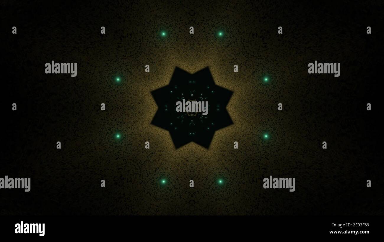 Illustrazione 3D simmetrica di uno sfondo nero astratto a forma di stella ornamento con punti verdi Foto Stock