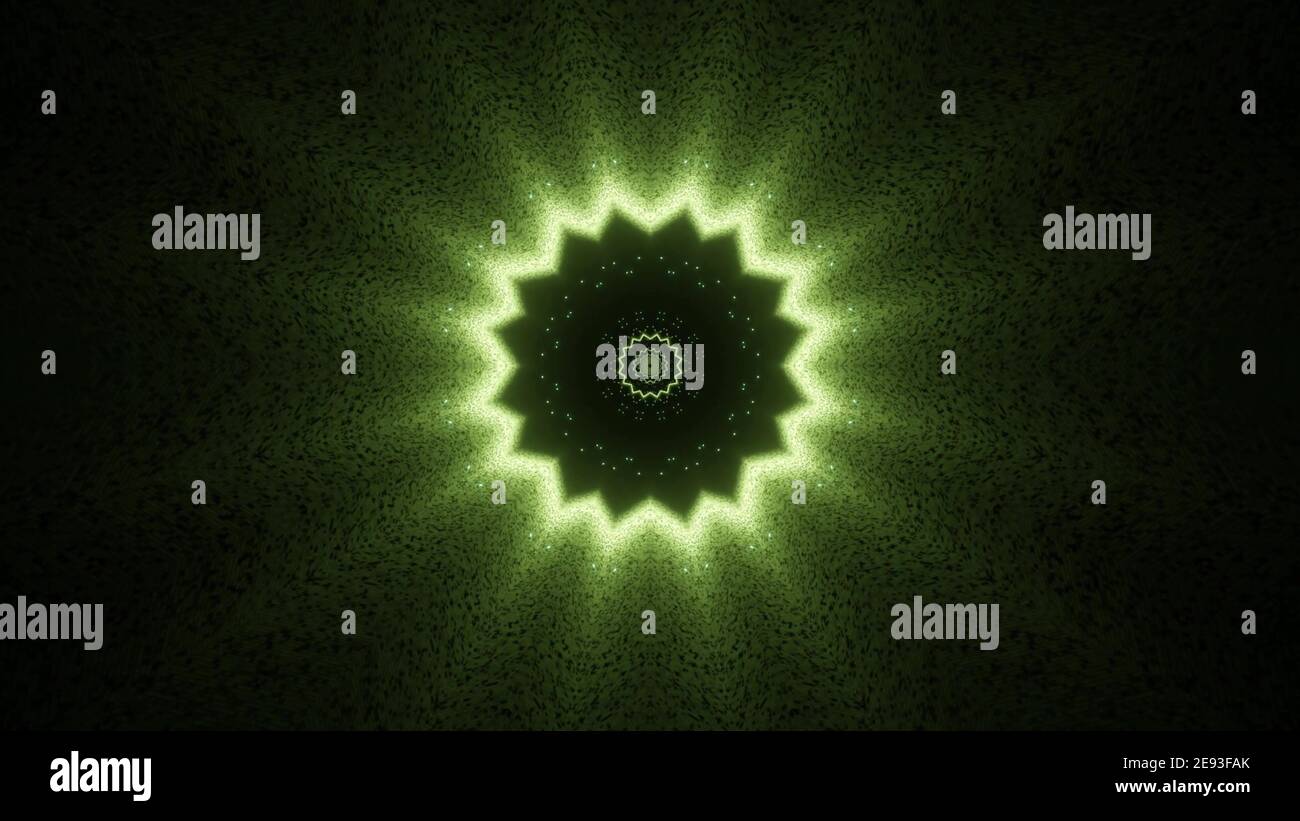 Brillante illustrazione 3D dello sfondo astratto del tunnel a forma di stella splendente di luce verde nelle tenebre Foto Stock