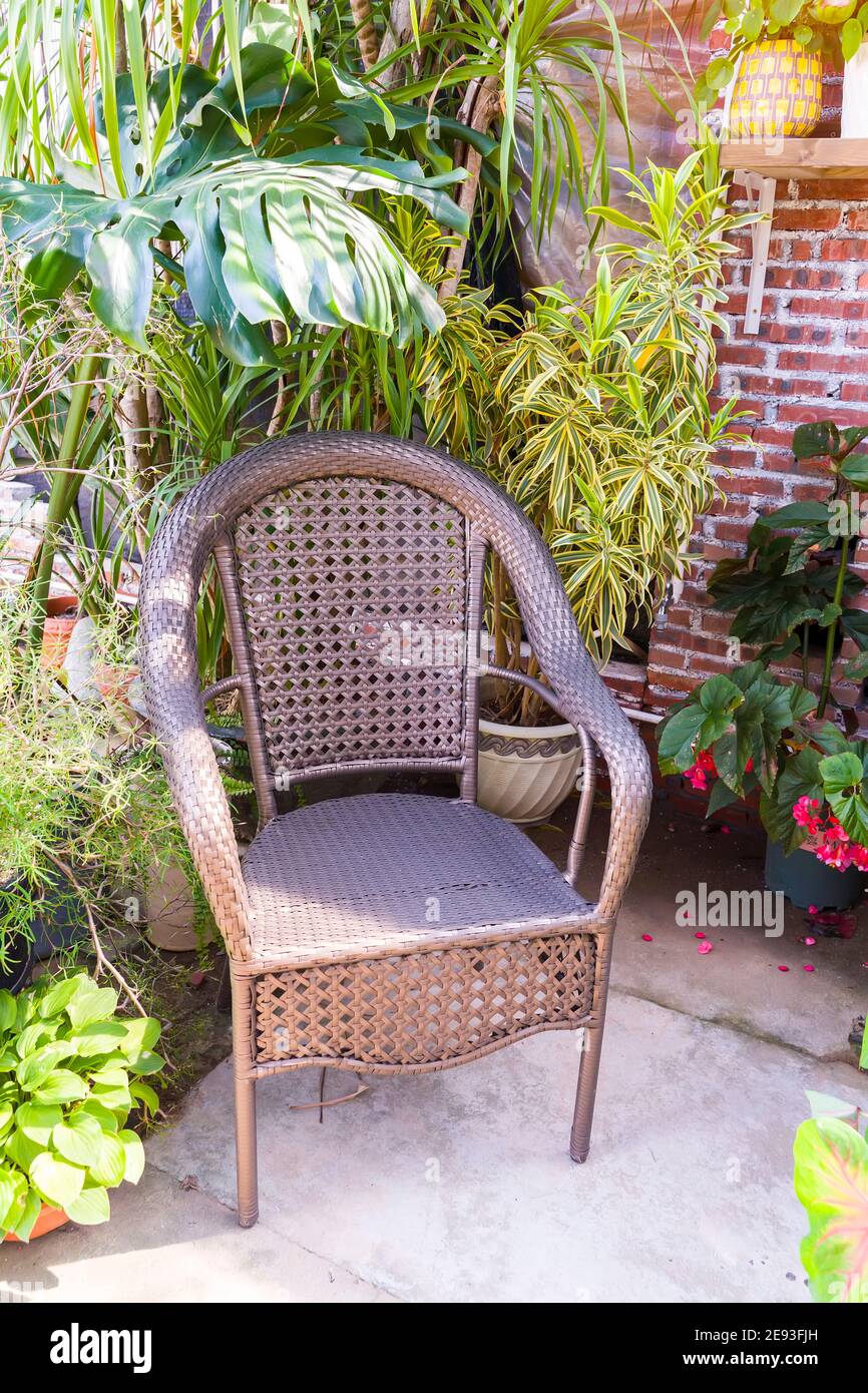 Accogliente vimini sedia in un bellissimo giardino fiorito Foto Stock
