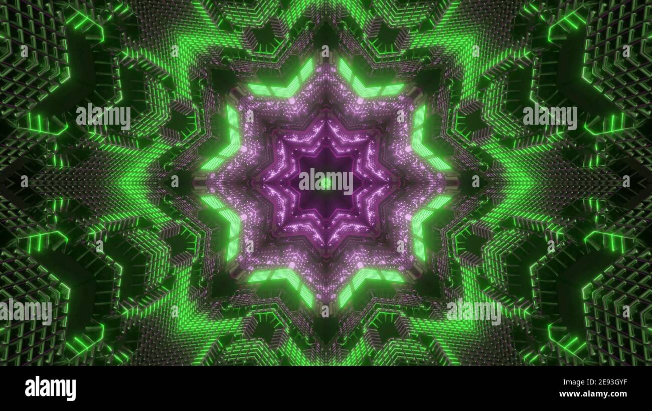 Brillante illustrazione 3d sfondo astratto di tunnel magico con geometrico design caleidoscopico a forma di stella e illuminazione verde e viola al neon Foto Stock