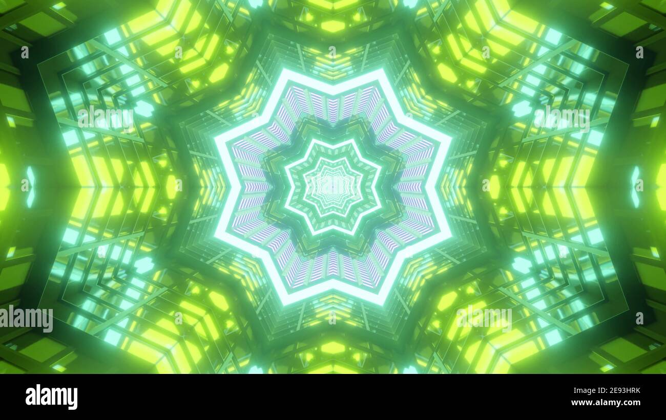 Immagine 3d vibrante sfondo visivo astratto con verde caleidoscopico simmetrico cornici colorate a forma di stella e fiori che creano un tunnel senza fine Foto Stock
