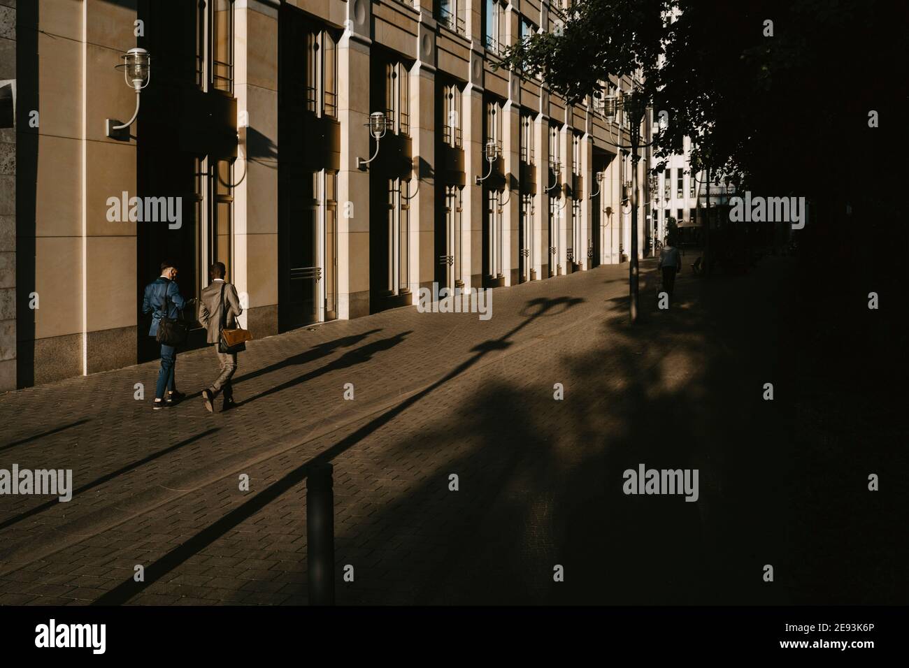 Vista posteriore dei colleghi maschi che camminano mentre discutono sul sentiero in città Foto Stock