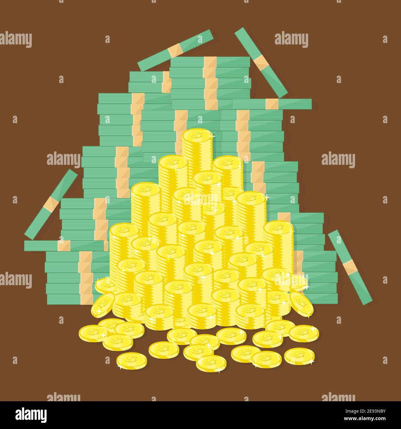 Molte pile di monete d'oro e carta soldi vettore illustrazione sfondo Illustrazione Vettoriale