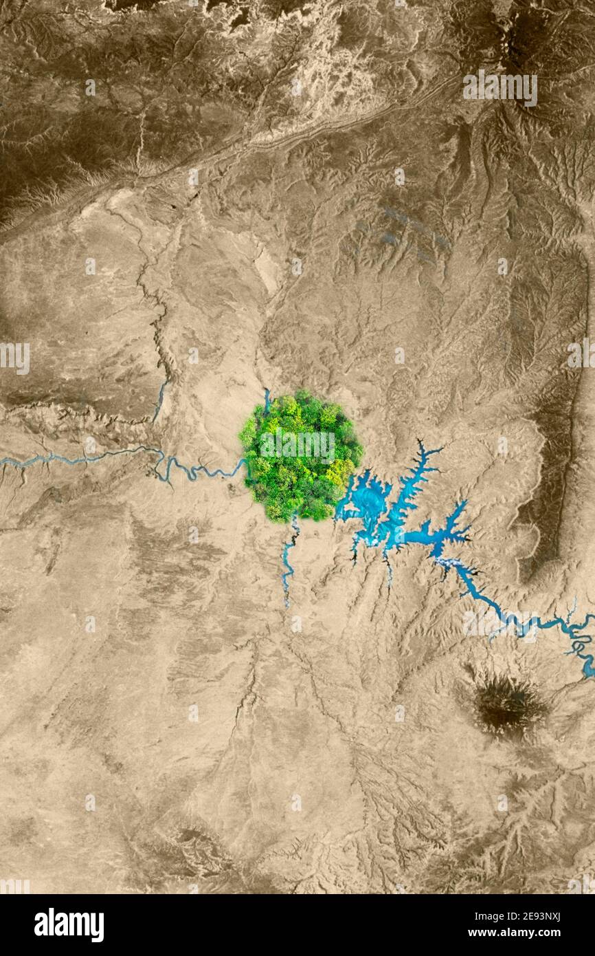 Oasi verde e fiume nel deserto vista aerea cambiamento climatico concetto Foto Stock