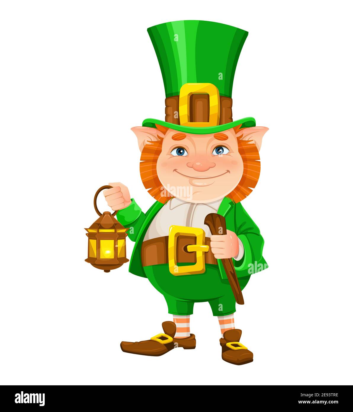 Vettore stock leprechaun. Buon giorno di San Patrizio. Simpaticissimo personaggio cartoon leprechaun che tiene lanterna e canna da passeggio Illustrazione Vettoriale