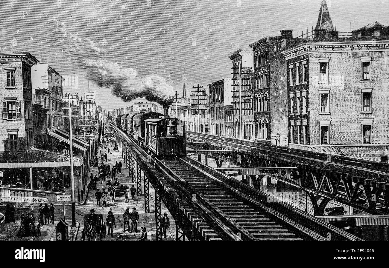 chemin de fer eyrien dans septieme avenue a new-york, les grands travaux du siecle par dumont, edizione hachette 1895 Foto Stock
