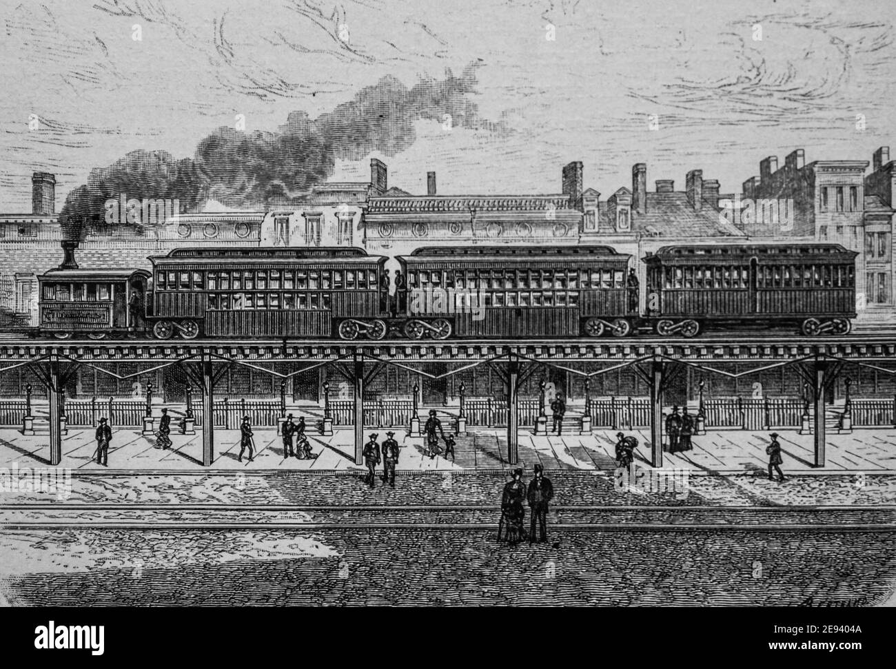 train dans la septieme avenue a new-york, les grands travaux du siecle par dumont, edizione hachette 1895 Foto Stock