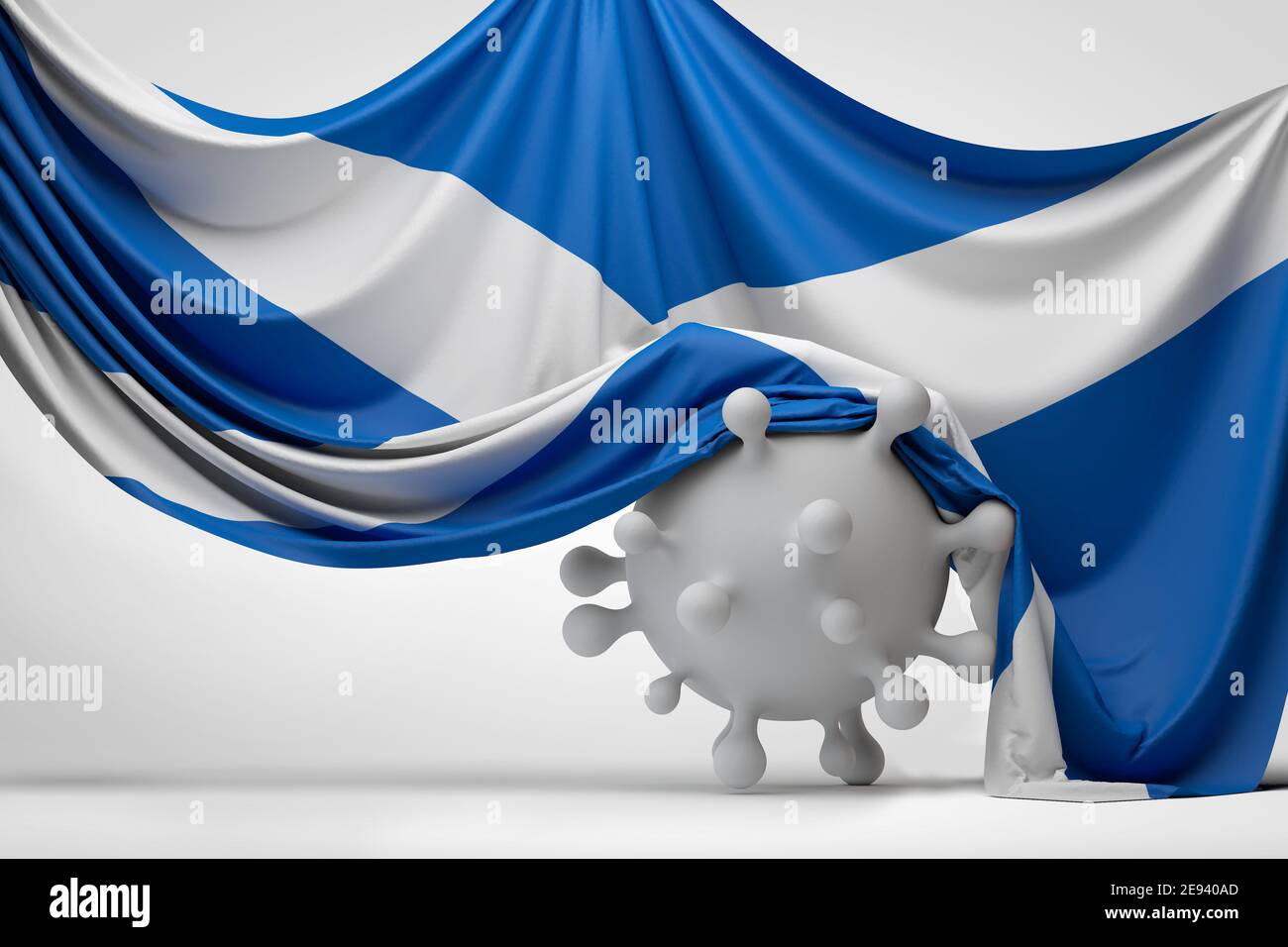 Bandiera nazionale scozzese ha bevuto sopra una molecola di malattia del virus di Covid. Rendering 3D Foto Stock