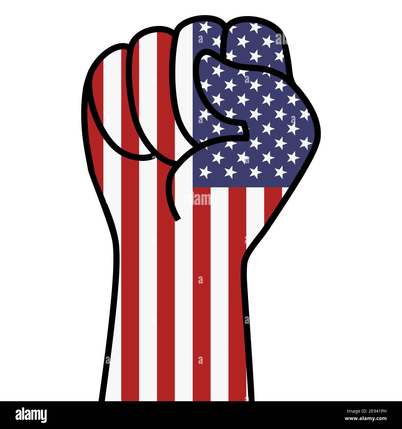 Sollevato bandiera usa pugno. Colore della bandiera americana a forma di pugno. Stelle strisce mano americana. Manifestazione patriottica, ribelle, protesta, lotta per i diritti umani. Illustrazione Vettoriale