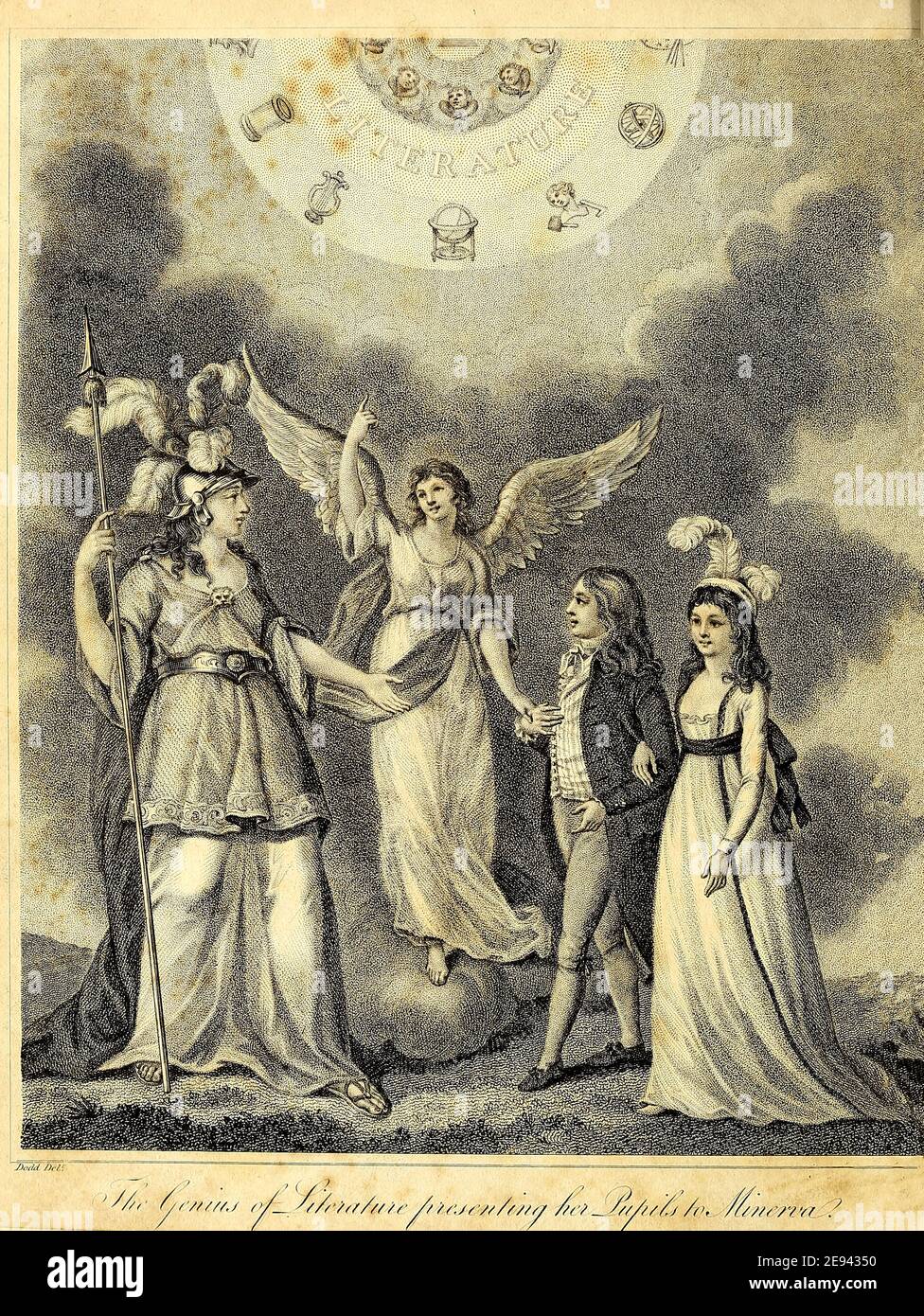 Il genio della letteratura che presenta i suoi allievi a Minerva [Dea della saggezza; controparte di Athena greca] frontespizio dell'Enciclopedia Londinensis OR, dizionario universale delle arti, delle scienze e della letteratura; Volume i; a cura di Wilkes, John. Pubblicato a Londra nel 1810 Foto Stock