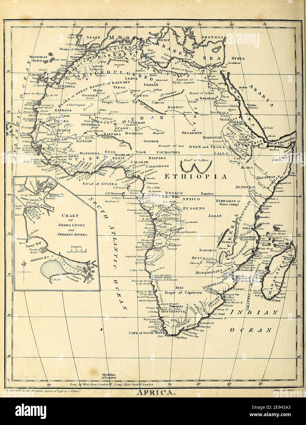 Mappa del XIX secolo dell'Africa incisione su copperplate dell'Enciclopedia Londinensis OR, dizionario universale delle arti, delle scienze e della letteratura; Volume i; a cura di Wilkes, John. Pubblicato a Londra nel 1810 Foto Stock