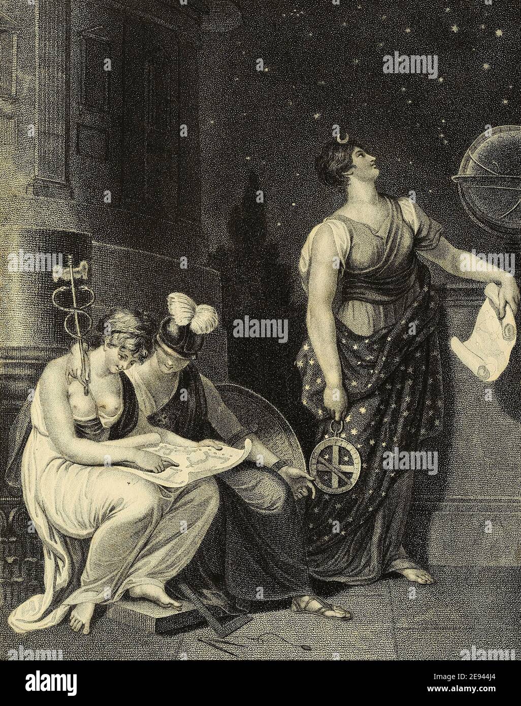 L'architettura è rappresentata in una forma femminile, seduta sul piedistallo DI UN pilastro, con vari strumenti e strumenti intorno a lei, ispettendo con attenzione l'accuratezza e l'Ingenuità di UN disegno che si trova nel suo Lap. Al suo fianco la figura della ragione, con un casco sulla testa, lo scudo di Pallas nella mano sinistra e il caduceo di Mercurio nella sua destra. L'astronomia è personificata da UNA bella femmina come Urania, con una Crescent d'Argento, vestita in un manto azzurro scopato con stelle; i suoi occhi intensamente fissati sul Firmament Starry; con un Astrolabe nella sua mano destra, e UN rotolo, contenente Astromi Foto Stock