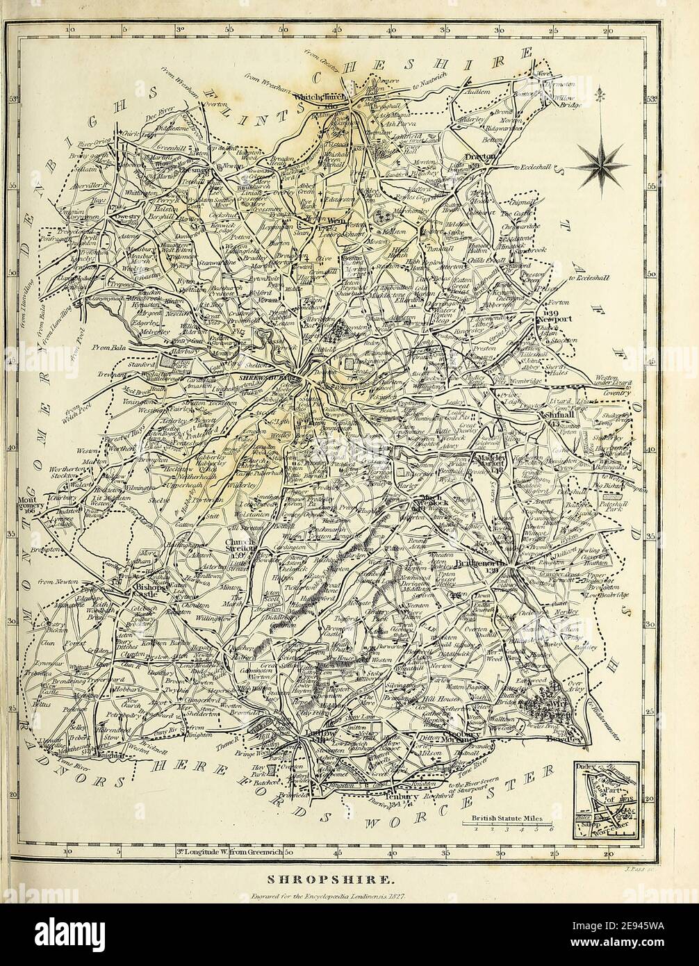 Antica mappa di incisione di Copperplate Shropshire dall'Enciclopedia Londinensis OR, dizionario universale di arti, scienze e letteratura; Volume XXIII; a cura di Wilkes, John. Pubblicato a Londra nel 1828 Foto Stock
