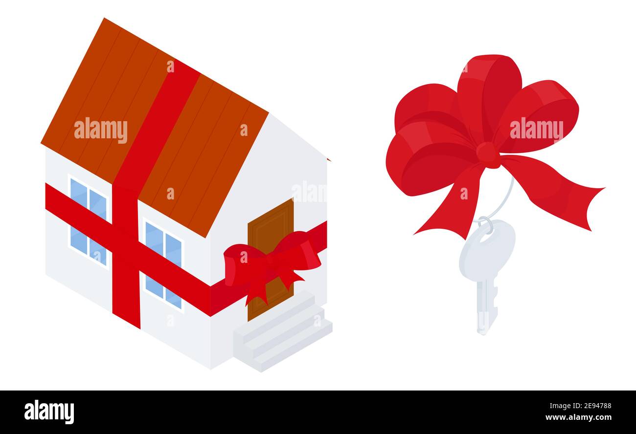Casa regalo. Casa cartoon avvolta con nastro rosso. Chiave con arco. Illustrazione vettoriale stile di disegno piatto isolato su sfondo bianco. Illustrazione Vettoriale